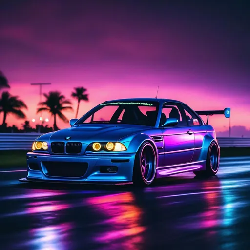 Prompt: 2001 BMW M3 E46 GTR, synthwave, aesthetic cyberpunk, miami, highway, dusk, neon lights, coastal highway, dusk, neon lights, coastal highway, sunset, drift, nurburgring