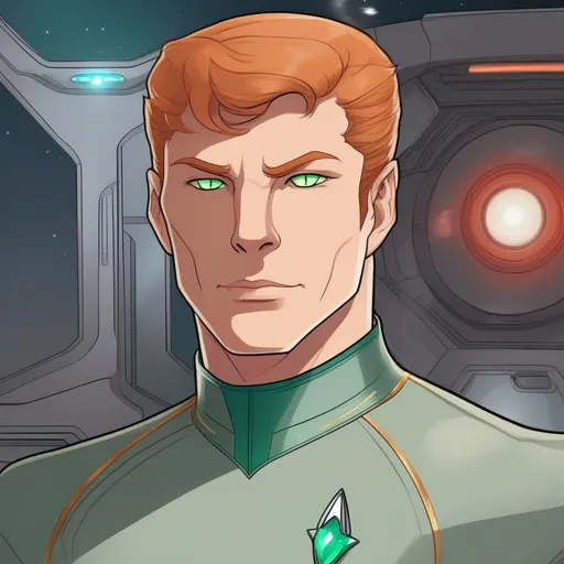 Prompt: An adult tall muscular male alien starship officer of a star trek feline caitian species, anthropomorphic cat, slightly human interspecies halfbreed. He has shot ginger fur and a pale skin. He wears a unoted federation uniform and has emerald lizard eyes. Detailed, well drawn face, Smooth skin, caucasian. rpg art. Star trek art. 2d art. 2d