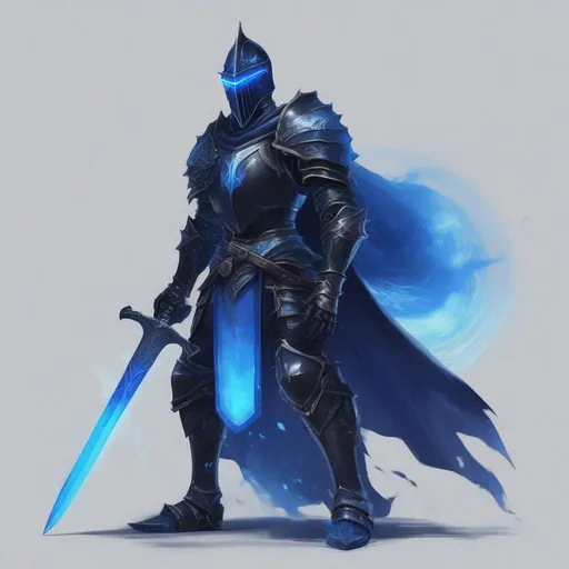 Prompt: a black knight with a blue sword and blue aura around 