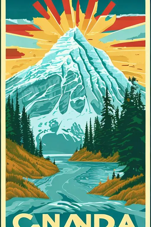 Prompt: Canada nature poster in the style of Joseph Binder