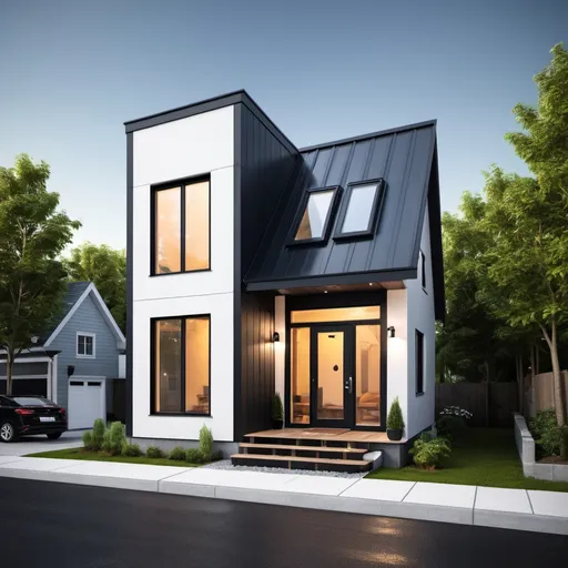 Prompt: Tiny modern small house, narrow house, contrast accent color, front gable end, highres, detailed, photo-realistic, bright contrast, realistic lighting, misc-architectural, detailed architecture, narrow design, modern, small scale, front gable, bright and realistic, high-quality, unique concept