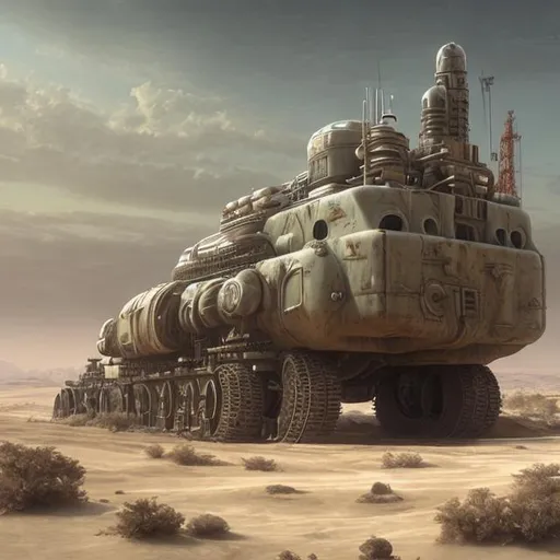 Prompt: desert, tracked vehicle, land ship, deep sea oil rig, tall, wide, mobile, huge, scifi