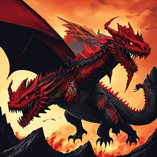 Prompt: red and black fierce with large scales and elegant large wings and mighty adult fire breathing dragon breathing fire on a floating island kingdom
