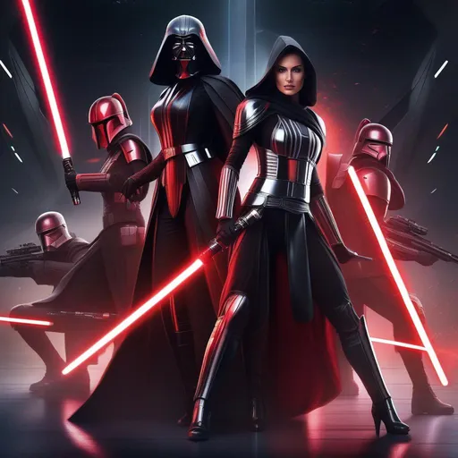 Prompt: beautiful female  Sith lords slaying innocent people, lightsaber, pretty face, followed by soldiers in dark futuristic armor, photorealistic
