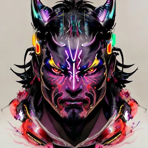 Watercolor portrait of a roaring neon hannya with ir...