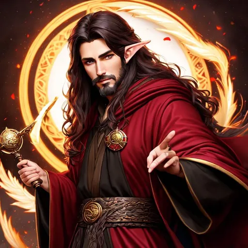 Prompt: Combative druid,  gryphon, man, brown goatee, handsome mage in red and black robe, elf, long shining straight brown hair, bright blue eyes, beautiful d&d character portrait, dark fantasy, detailed, realistic face, digital portrait, intricate details, fiverr dnd character, wlop, artstation, hd, octane render, mage, robes