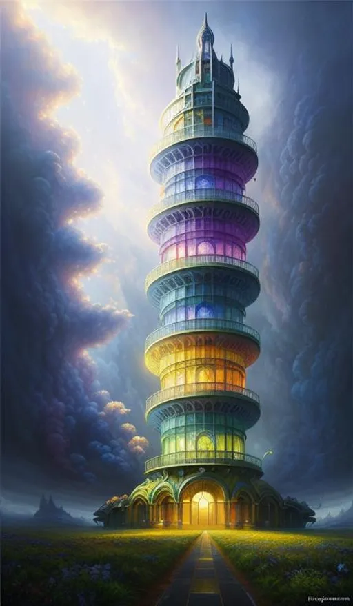 Prompt: Create a breathtaking and lifelike painting inspired by hypothetic Anna Dittmann's "The Rainbow Tower" artwork. Your painting should be a captivating and detailed piece of fantasy art that showcases the intricate beauty of the original work. Pay close attention to the moody lighting and detailed shading of the subject to achieve a photorealistic effect. Experiment with a range of brush strokes and techniques to create texture and depth in the queen's hair and feathers, and ensure that every detail is meticulously rendered to bring the painting to life. In terms of composition, consider the placement of the queen within the frame and the use of negative space to enhance the overall aesthetic. Use a variety of triadic color schemes and tones to create a mood that is both alluring and mysterious. Your painting should be of the highest quality, with a resolution suitable for printing in high definition. Take inspiration from the original artwork and add your own unique touches to create a stunning fantasy art piece that is sure to enchant and inspire.