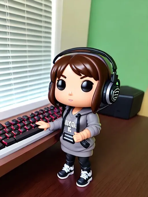 Prompt: cute funko pop female figure with medium length brown hair, brown eyes, holding a keyboard, wearing a headset, wearing a black hoodie