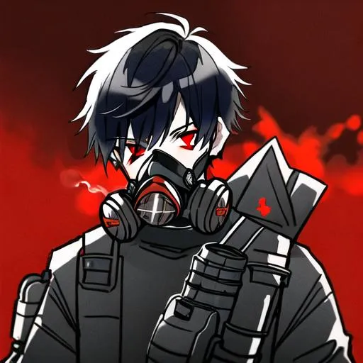 Prompt: Pyro  (black hair) (red eyes) wearing a dual respirator gas mask, shirtless