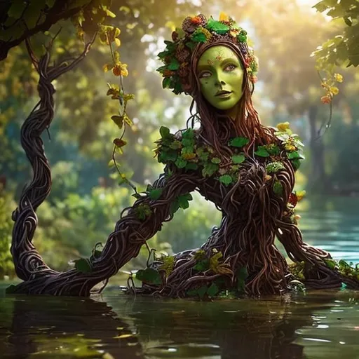 Prompt: Beautiful Treant woman, colorful flowers (wooden skin:1.3), brown straight vines, face made out of vines, flowers, waist deep in water, by wlop