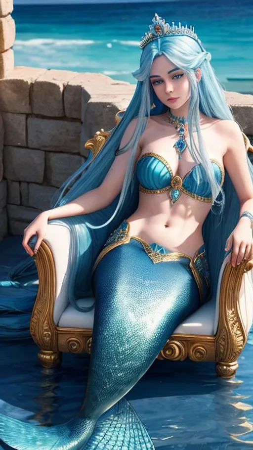 Prompt: A beautiful mermaid with long blue hair and a crown on her head, deep blue eyes, Sitting on her throne in a castle in the ocean, high detail to skin and clothings, UHD, 4K, 