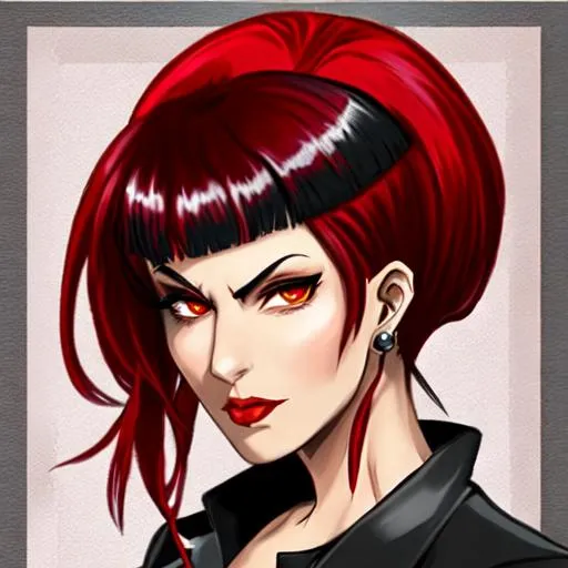 Prompt: Felicia with red and black hair as mafia boss 