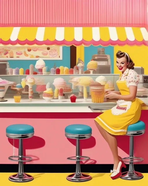 Prompt: A playful retro ice cream parlor scene for Banana Split Day with a yellow and white striped counter and 60s style stools where a smiling woman in a yellow dress and white apron prepares an over-the-top colorful banana split sundae under warm incandescent lighting, loaded with scoops of ice cream, bananas, chocolate sauce, sprinkles, whipped cream, and a cherry on top, styled with a 35mm lens to have a bright fun mood. 