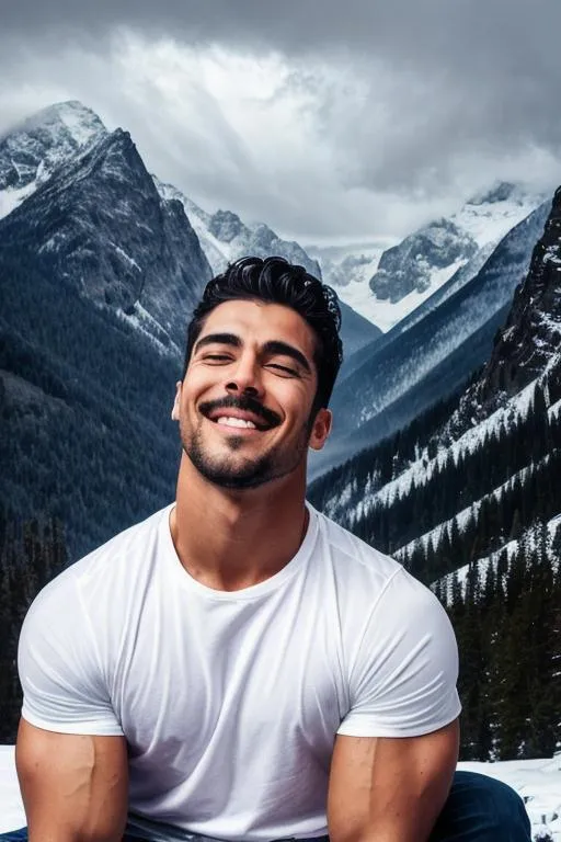 Prompt: a scene of ("eyes closed"  lost in god),"latino hyperreal handsome rugged muscle boy" in "hyperreal stormy snow mountain", smile, "white shirt", hyperreal, sitting, arena, perfect composition, hyperrealistic, super detailed, 8k, high quality, trending art, trending on artstation, sharp focus, studio photo, intricate details, highly detailed, by greg rutkowski

