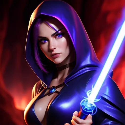Prompt: Attractive seductive feminine ((red skin)) woman jedi with ultra realistic purple hair and ultra realistic blue eyes, hooded, holding blue glowing lightsaber, dark bokeh cave environment, fencing pose, jedi knight robe outfit with deep cleavage and hood, toned body, angry attitude and face expression, character portrait, intricate details, hyperrealistic, professional, ideal human, sharp focus, sensual feminine, highly detailed, detailed face, detailed body, UHD, HDR, 8K, 64k, render, HD Quality, trending on artstation, front view, canon, 24mm, studio lighting, ((huge breast)), ((sexy))