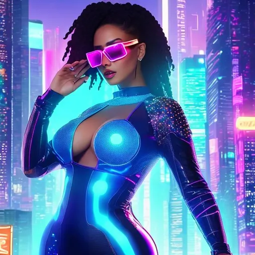 Prompt: ((high-quality)) ((high-detail)) ((highly-detailed)). cyberpunk, an augmented female {bbw}, sorceress. wearing a transparent dress with visible skin and sunglasses, a hologram, purple 
leather body suit, pixel sort, triadic colors, checkered pattern. posing for a picture. rpg art. 2d. 2d art.