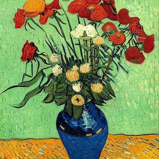 Prompt: a bouquet of roses and lillies pained by van gogh
