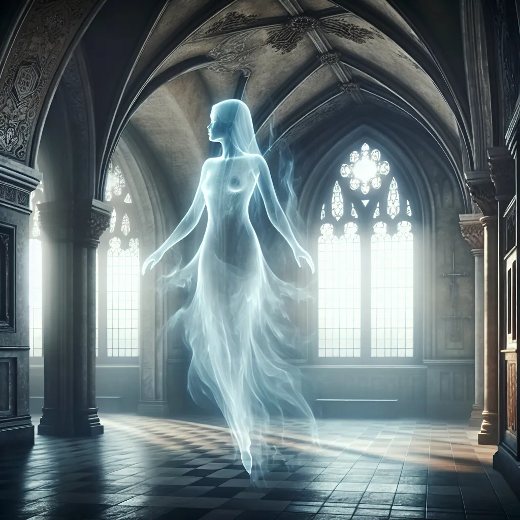 Prompt: Transparent ghost with faint transparent human female shape flying across a room with a gothic feel in the background