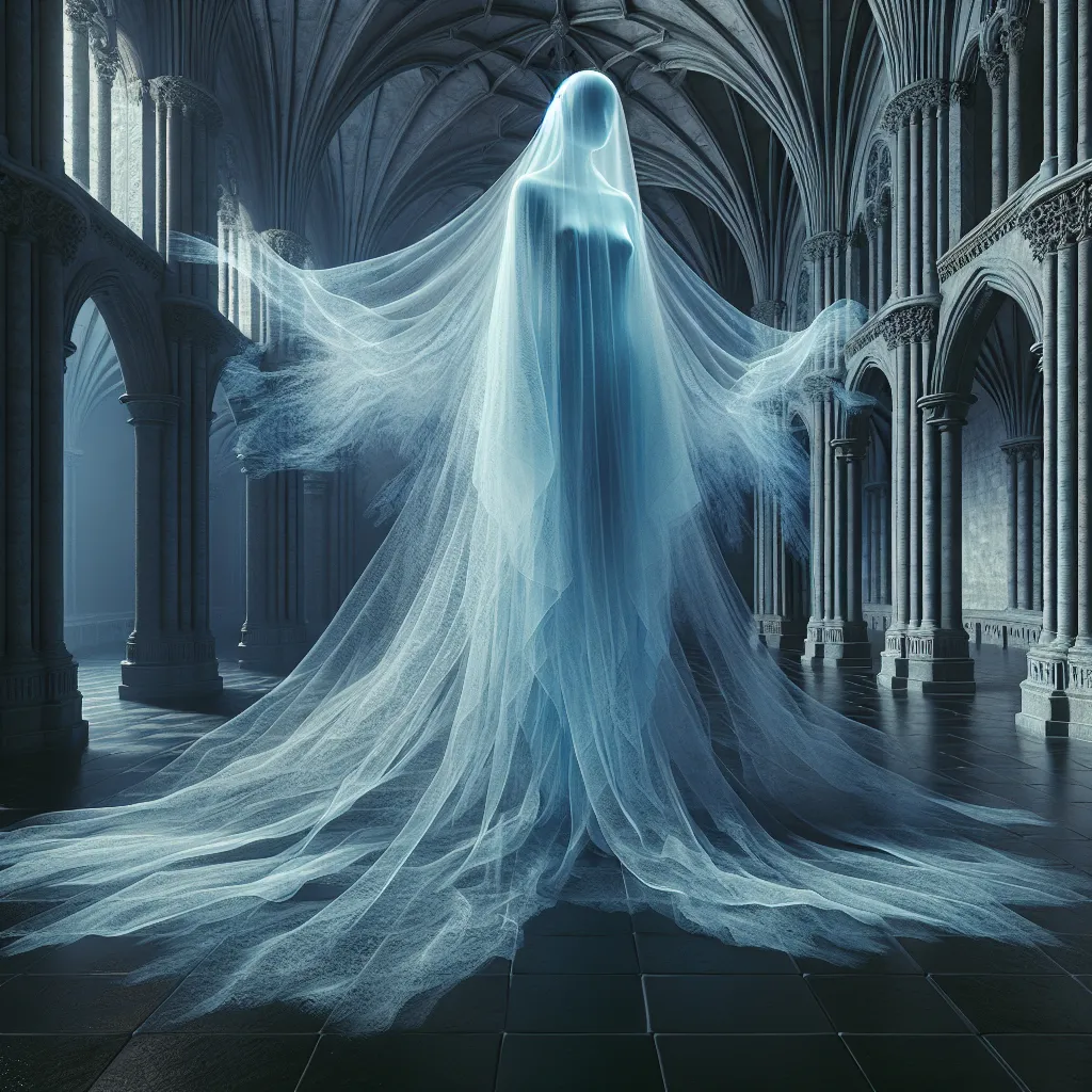 Prompt: Transparent ghost faintly blue female shape to skin with faint transparent white gossamer veil over her, flying across a room with a gothic feel in the background