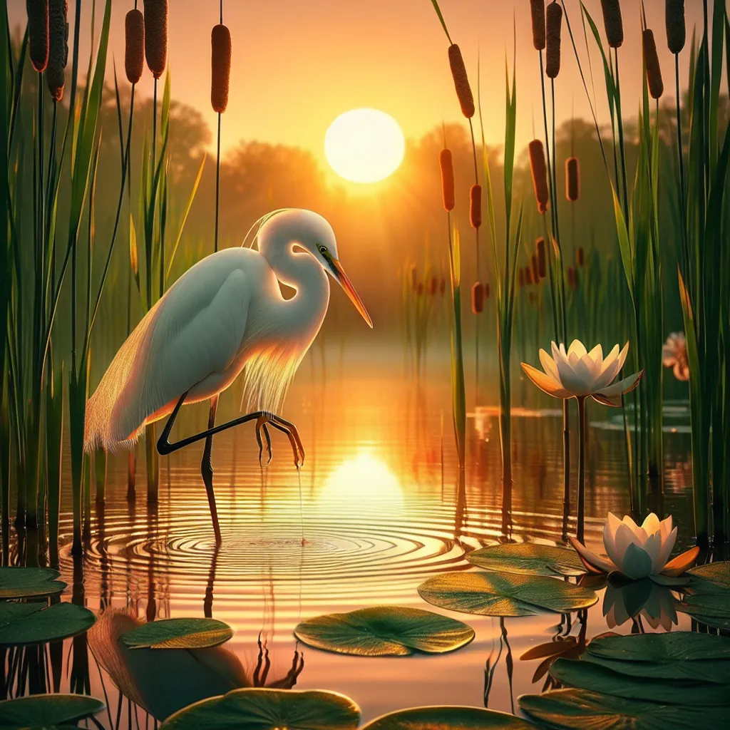 Prompt: A white egret standing on one leg in the water surrounded by cat tails and water lillies around sunset