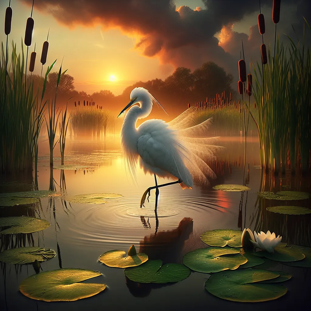 Prompt: A white egret standing on one leg in the water surrounded by cat tails and water lillies around sunset