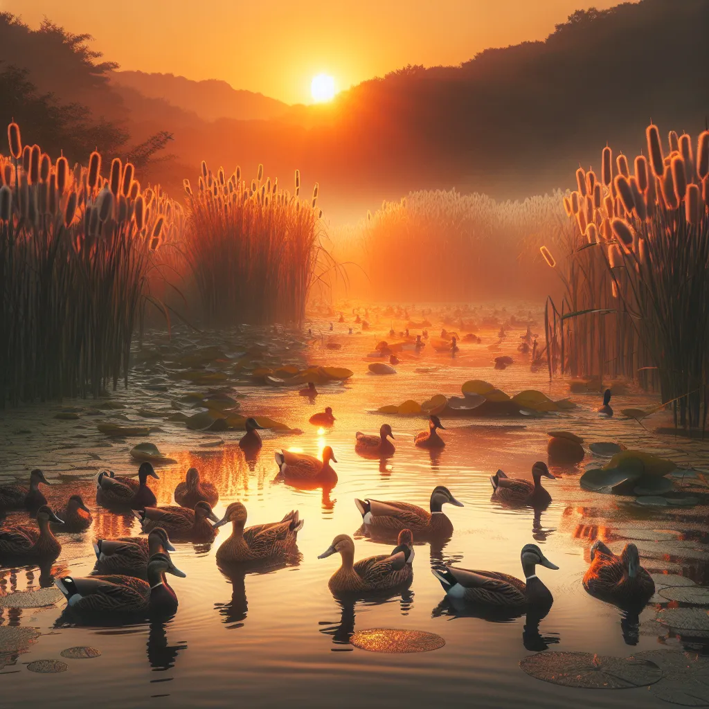 Prompt: A flock of ducks float in the water surrounded by cat tails and lilly pads around sunset