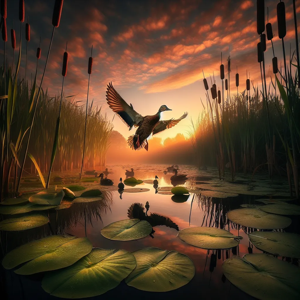 Prompt: A duck, wings spread, lands on top of the water surrounded by cat tails and lilly pads around sunset