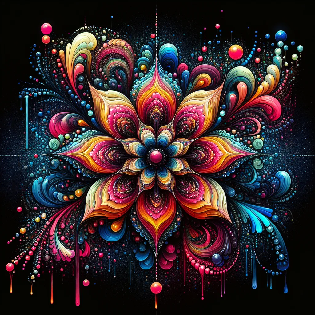 Prompt: a flower with colorful  petals and a black background with drops of water, Android Jones, psychedelic art, highly detailed digital painting, graffiti art