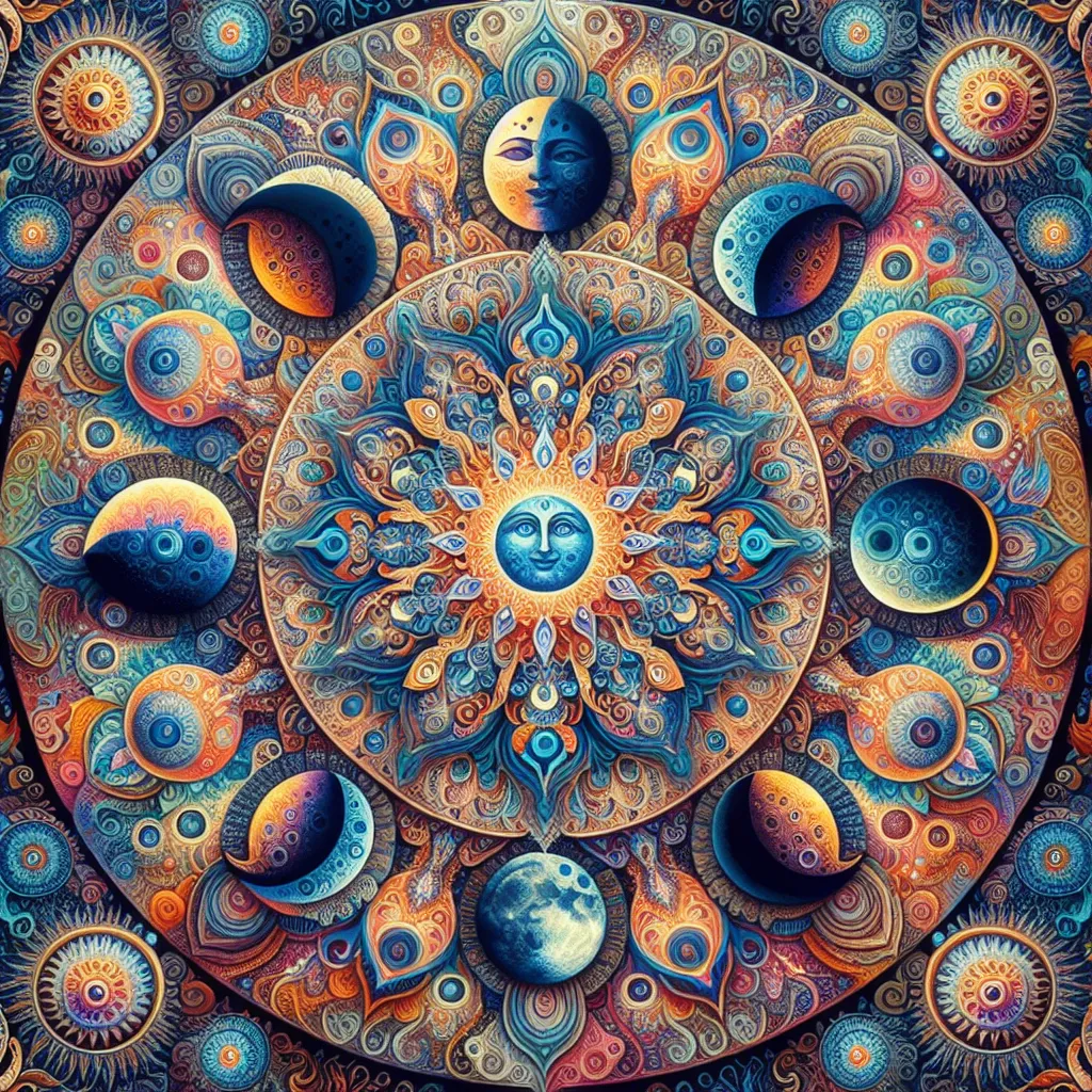 Prompt: a mandala with the moonn with a face in the center of it, surrounded by blue and orange , Amanda Sage, psychedelic art, sun, a detailed painting