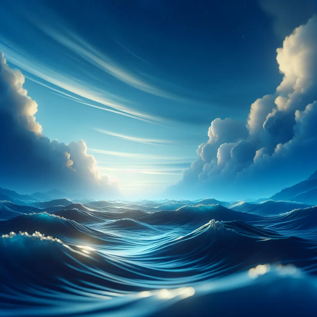 Prompt: (mood: tranquil), (deep blue hues), (captivating ocean waves), calm atmosphere, serene ambience, soft lighting, high-quality image, visually striking, intricate details, gentle ripples, vast sky blending with the sea, aesthetic composition, inviting environment, sophisticated visuals, harmony of shades, peaceful imagery