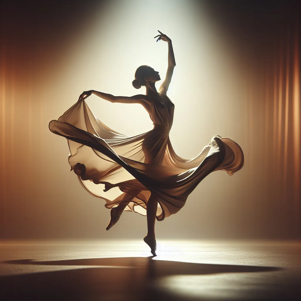 Prompt: graceful dancer, fluid motion, elegant pose, delicate silhouette, soft and flowing fabric, warm ambient lighting, serene atmosphere, high contrast shadows, captured in mid-performance, showcasing athleticism and artistry, airy background suggesting an expansive stage, ultra-detailed, 4K resolution, expression of joy and artistry in movement, evocative elegance in each twirl and leap