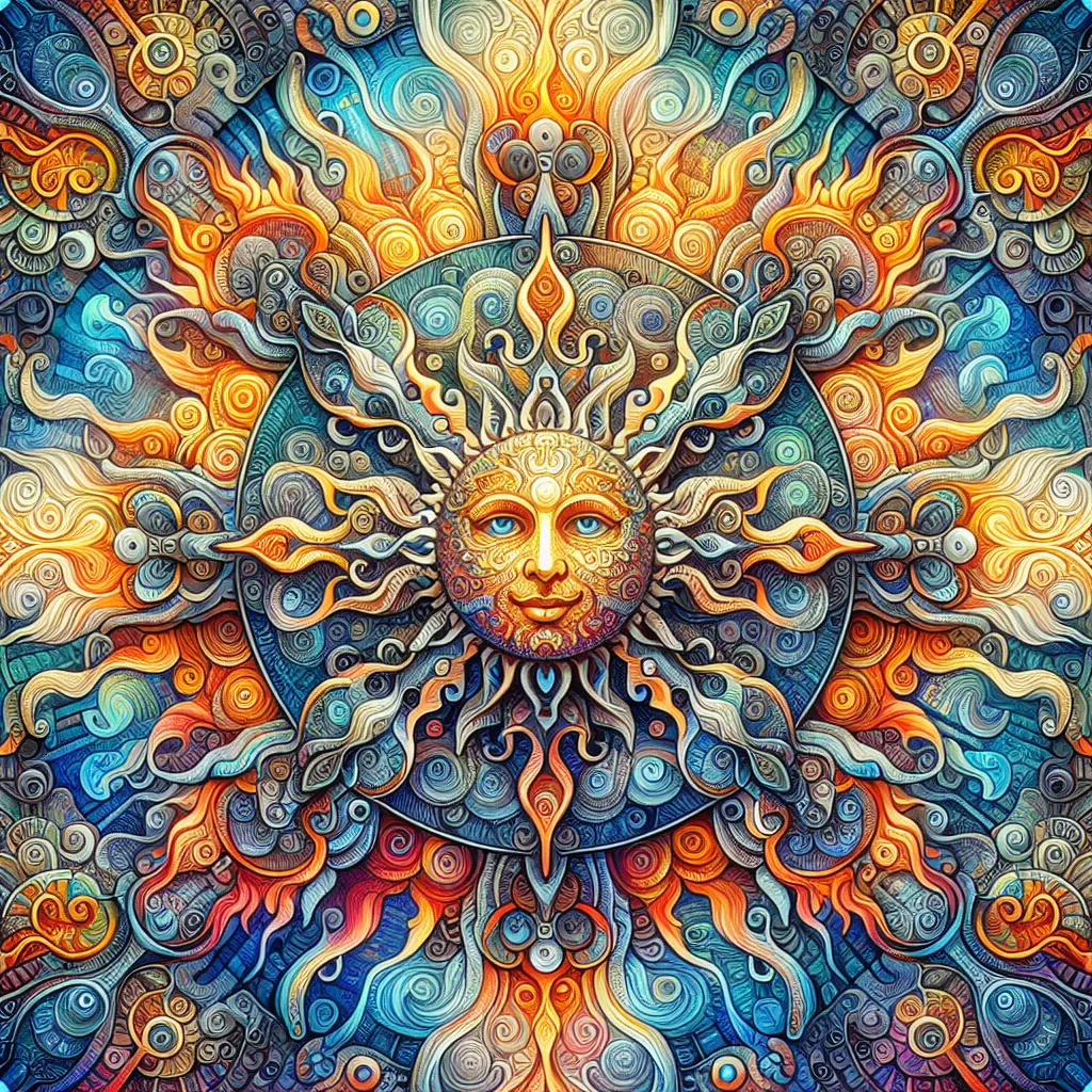 Prompt: a mandala with the sun with a face in the center of it, surrounded by blue and orange , Amanda Sage, psychedelic art, sun, a detailed painting