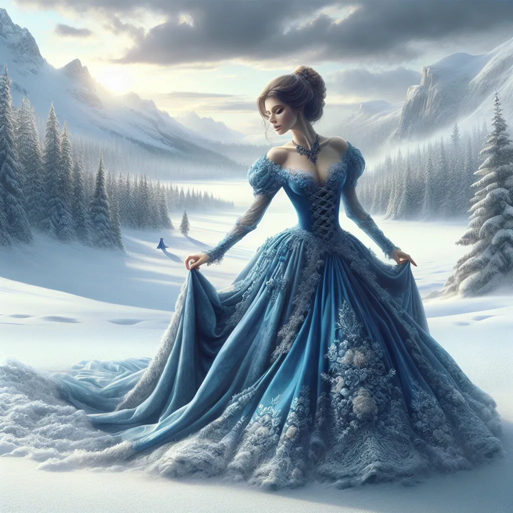 Prompt: a painting of a woman in a blue dress in the snow with trees in the background and a sky in the background, Artgerm, fantasy art, highly detailed digital painting, a photorealistic painting