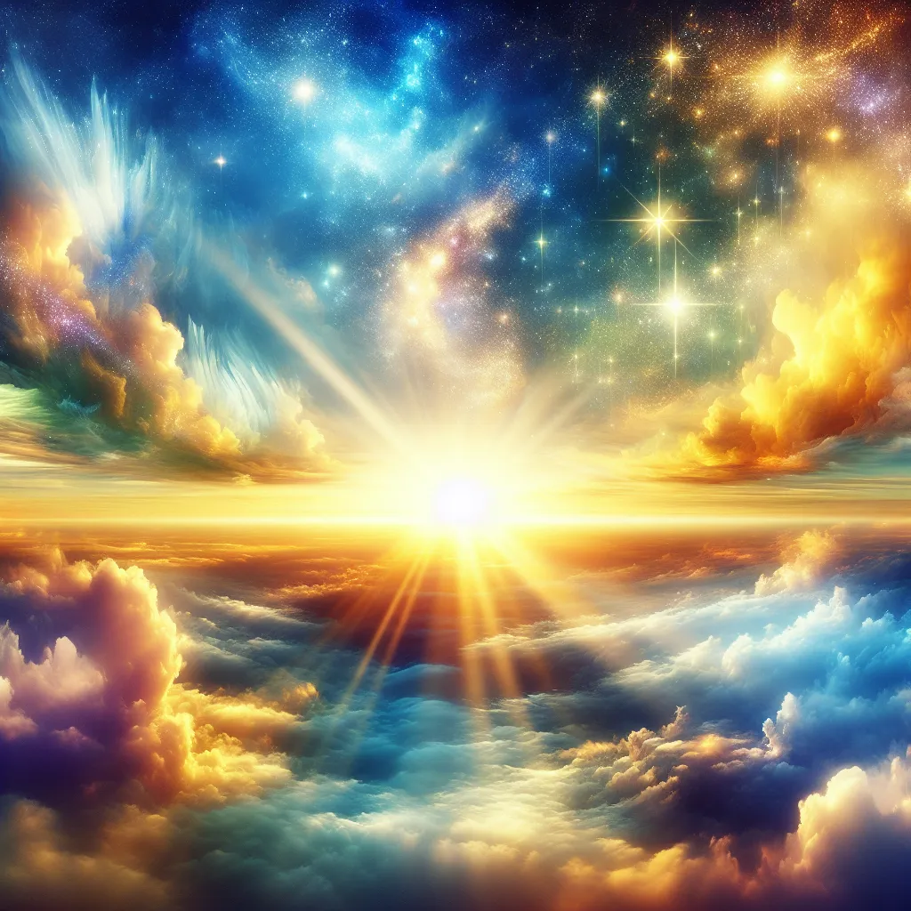 Prompt: Heaven, ethereal paradise, serene clouds, radiant golden light, gentle rays of sunlight, enchanting colors, bright pastels blending softly, tranquil ambiance, vibrant shimmering stars, soft-focus ethereal elements, expansive sky, infinite horizons, dreamlike atmosphere, touching emotions of peace and bliss, ultra-detailed, HD quality, artistic masterpiece, capturing divine beauty and tranquility.