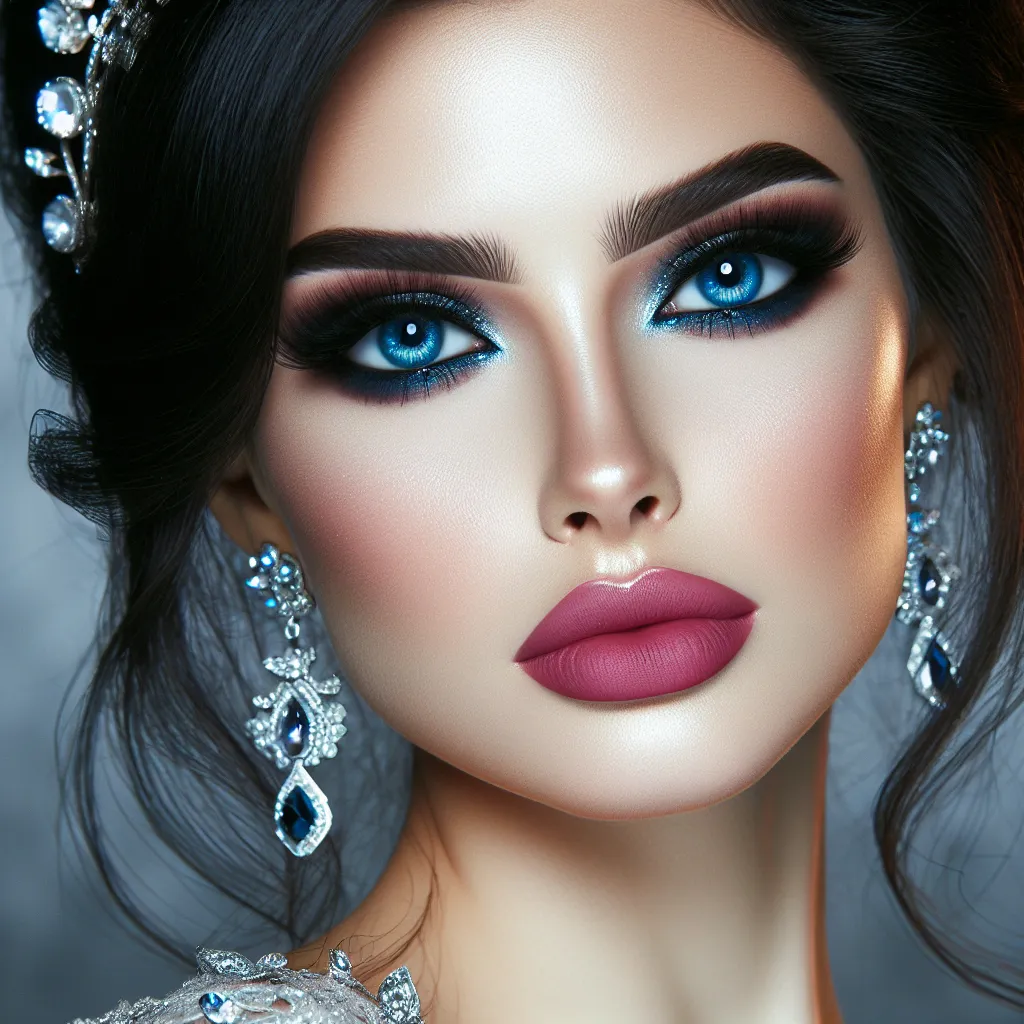 Prompt: <mymodel>a Sapphire lady, feminine elegant princess ,  dark hair, large blue eyes, wearing jewls in her hair,  beautiful makeup, blue eyeshadow, dark pink lipstick, facial closeup