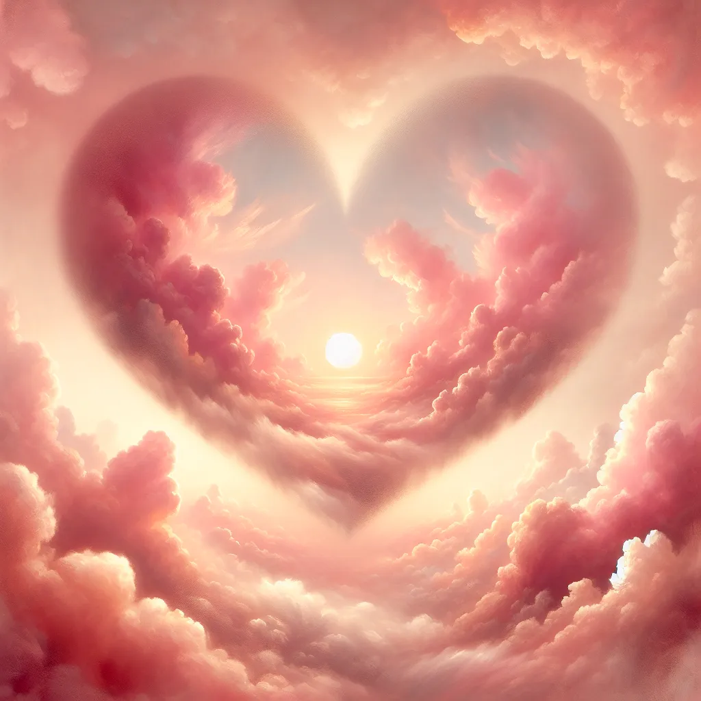 Prompt: a heart shaped painting with clouds and a sun in the background with a pink sky and clouds in the foreground, Evelyn De Morgan, romanticism, sun, an airbrush painting