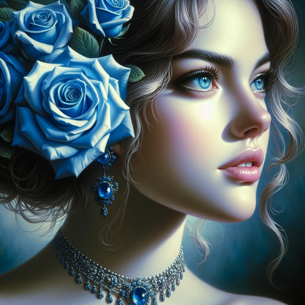 Prompt: a painting of a woman with blue roses in her hair and a necklace on her neck and a blue rose in her hair, Donato Giancola, figurative art, highly detailed oil painting, a photorealistic painting