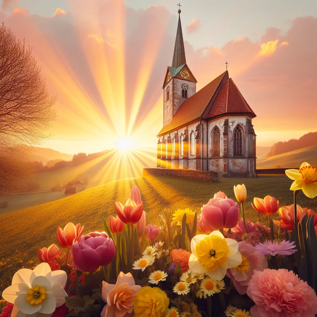 Prompt: Sun rays behind a church steeple and spring flowers surrounding the border.