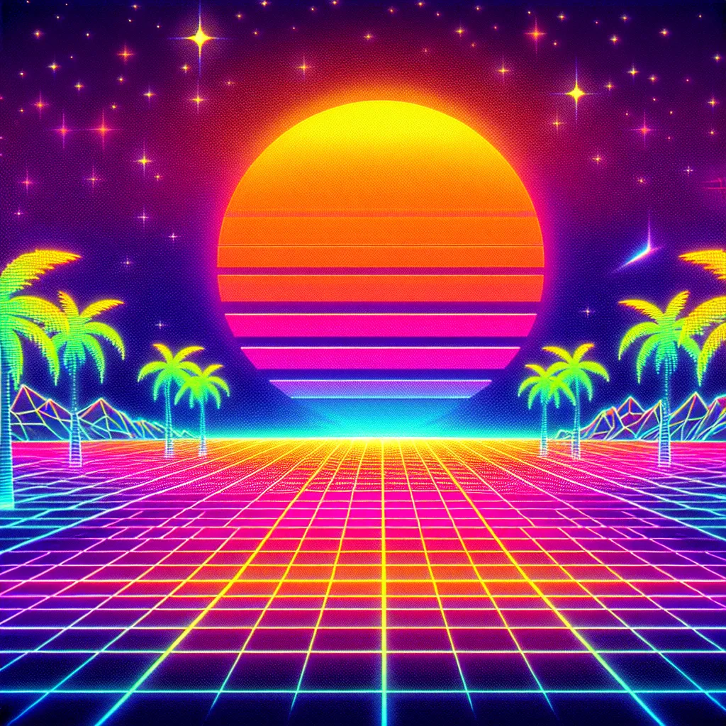 Prompt: bright colors, neon colors, gradient orange to purple, blue grid floor, blue grid foreground, lighting glow, 80s retro style, synthwave, vaporwave, vaporwave sun, bright green palm trees