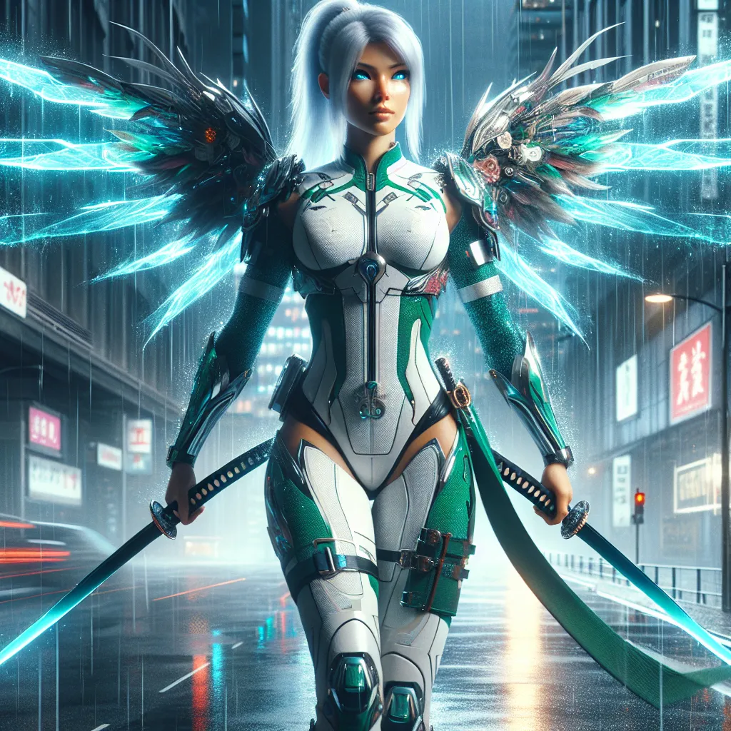 Prompt: A gorgeous ultra-muscular 45 years old goddess with a cyberpunk style suit that is green and white with a cyberpunk style katana that is the same colors as the suit and they have big, long wings made of blue glowing energy and she is on  a road with it raining and she is in a cyberpunk style city