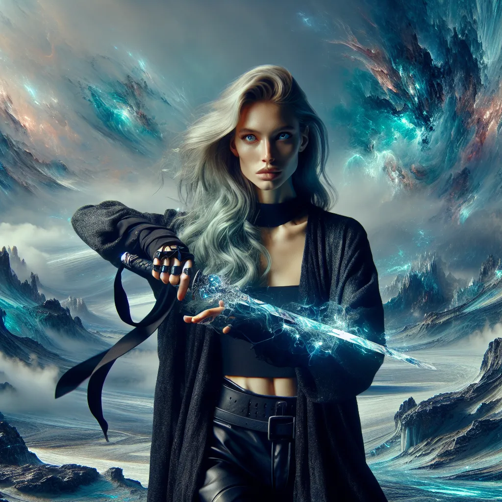 Prompt: Gorgeous ultra-muscular 25-year-old Caucasian goddess made of stained glass, blue-green skin, silver eyes, wearing a flowing black robe and boots, brandishing a glowing silver sword with arcing electricity emanating from the blade, cinematic, sci-fi, high-res, photo, glacial alien world of ice and rock