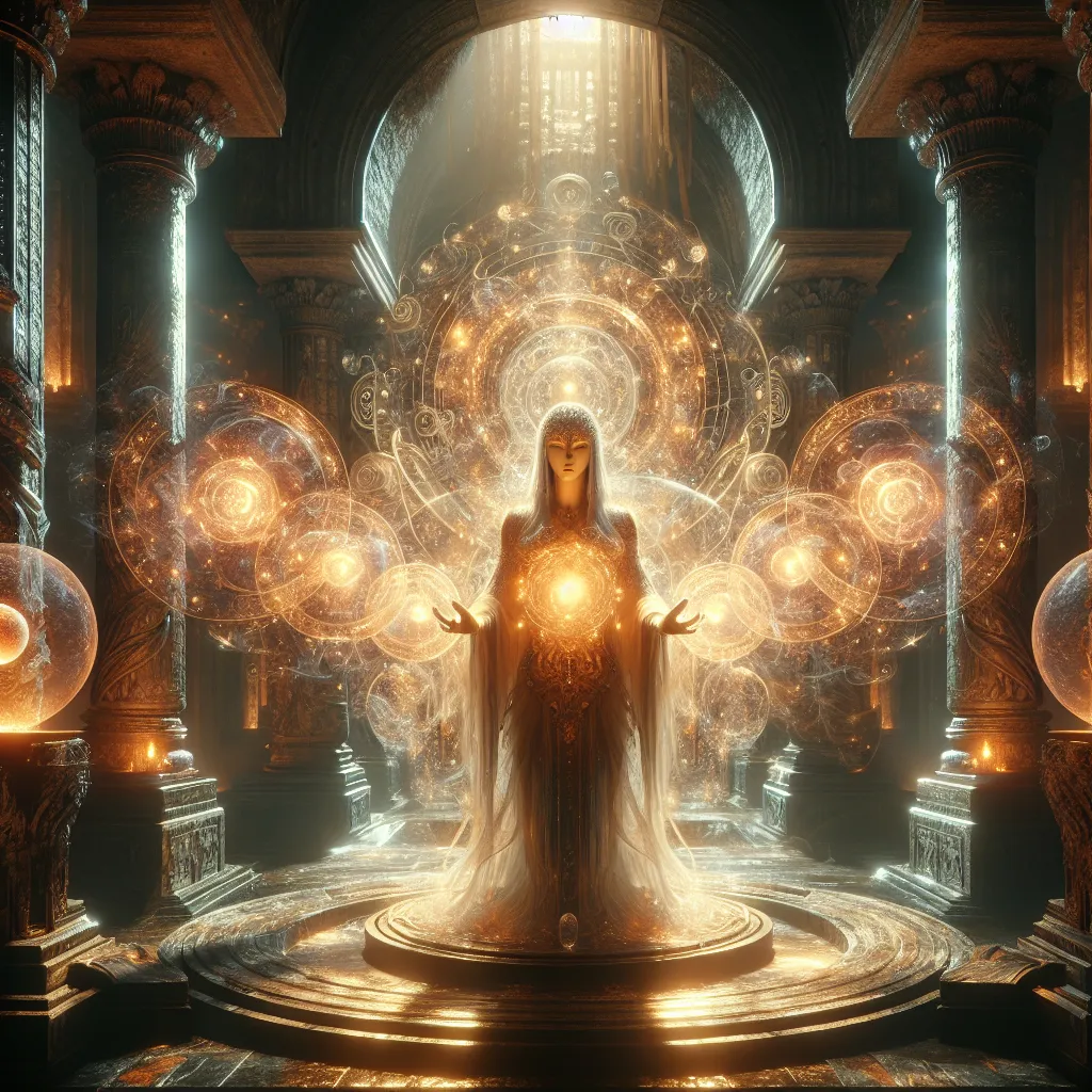 Prompt: (captivating image of Cassandra), (mystical aura), (ancient ruins background), ethereal lighting, warm tones, intricate details, evocative expression, surrounded by glowing orbs, sense of foreboding and wisdom, high detail, ultra-detailed, cinematic quality, enchanting atmosphere, embodying the essence of an oracle, richly textured environment, mythical theme.