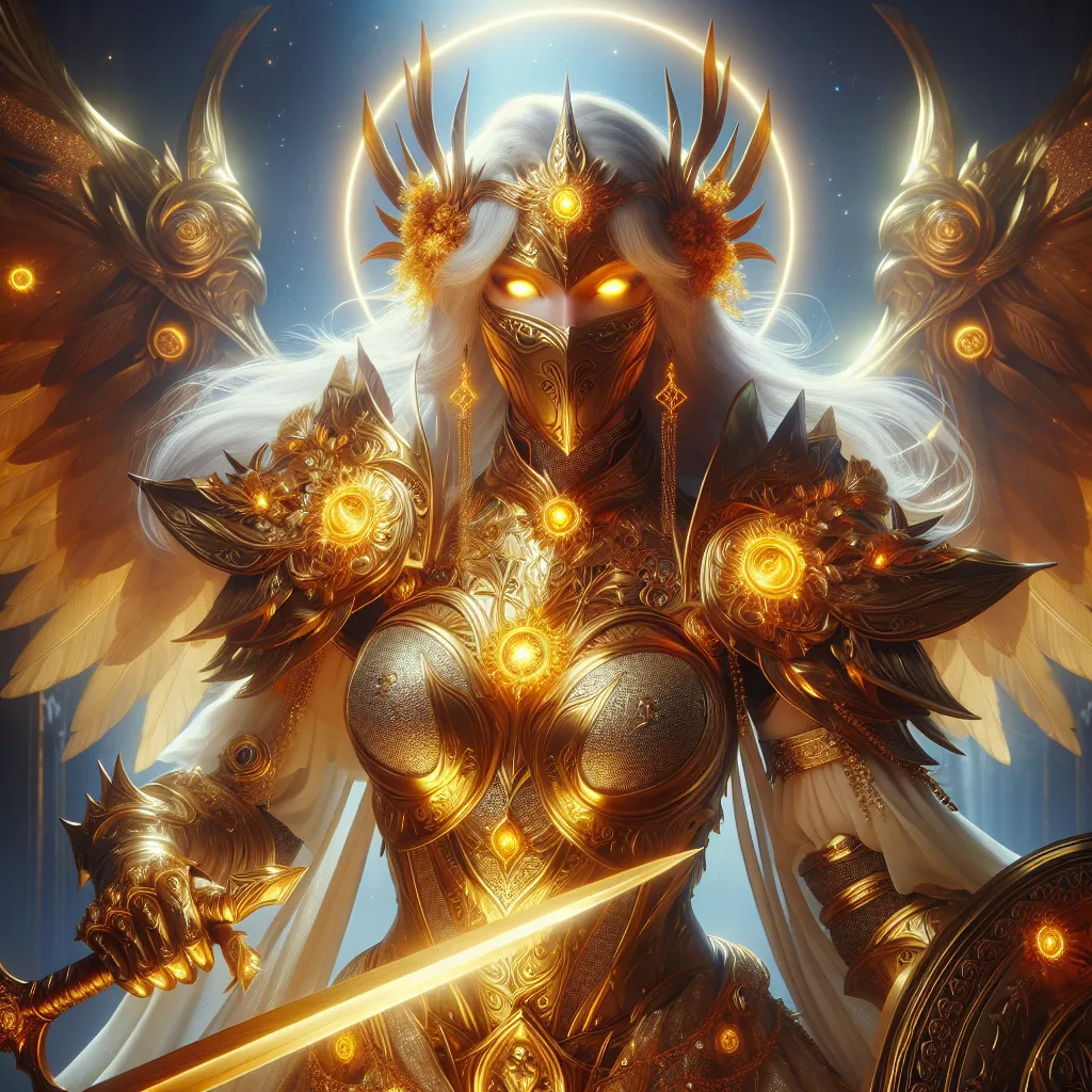 Prompt: DnD style Aasimar with golden mask, sword, and shield, glowing golden eyes, intricate gold details, high quality, fantasy, detailed armor, radiant lighting, heroic pose, divine aura, female, Full Mask