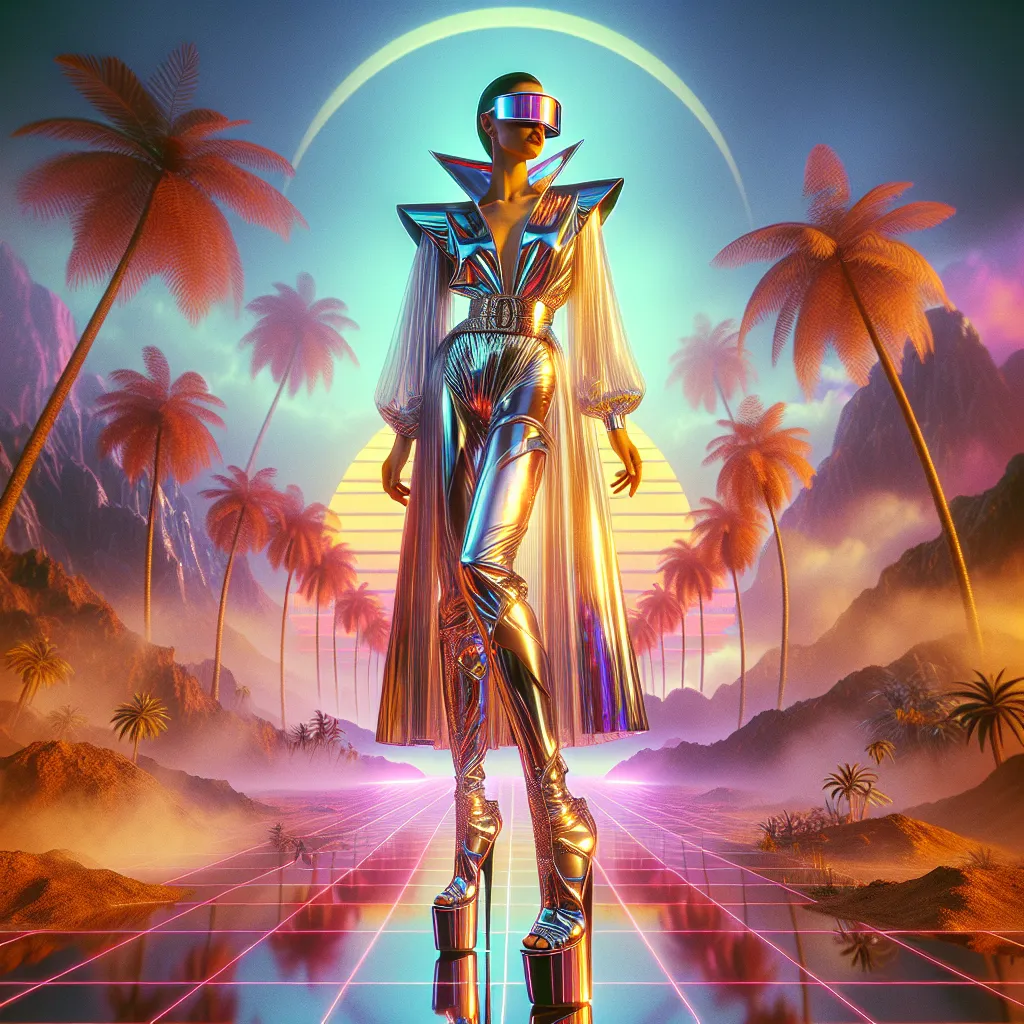 Prompt: a gorgeous 25-year-old Finnish female goddess wearing futuristic visors, large busom, 8 inch stiletto high heel shoes, shiny cyberpunk colors, retrofuturism, palms trees 1980s sci-fi, game cover art, character, 4k. Composition focus on legs and full-body.