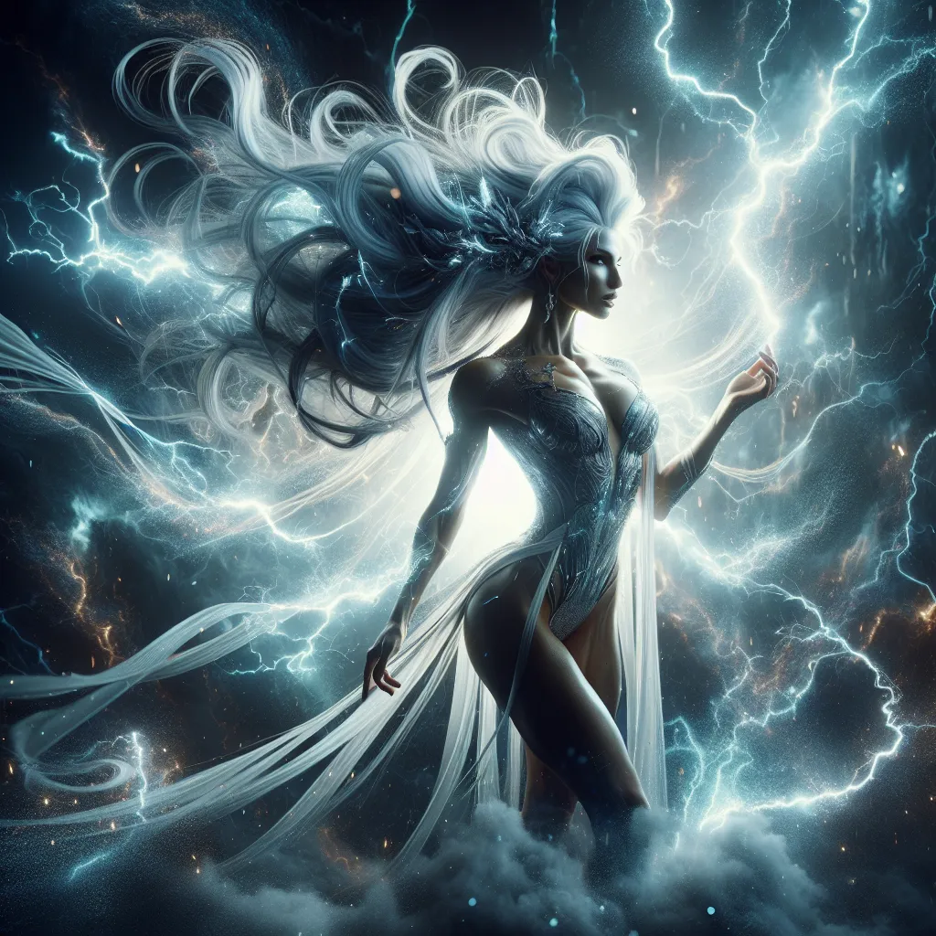 Prompt: HD 4k 3D 8k professional full-body modeling photo hyper realistic beautiful athletically fit goddess enchanted, ethereal greek goddess, ridiculously long platinum black hair (((blowing in the wind))), full body surrounded by ambient glow, lightning, magical, highly detailed, intricate, beautiful superhero style, Storm, outdoor landscape, highly realistic woman, high fantasy background, elegant, mythical, surreal lighting, majestic, goddesslike aura, Annie Leibovitz style