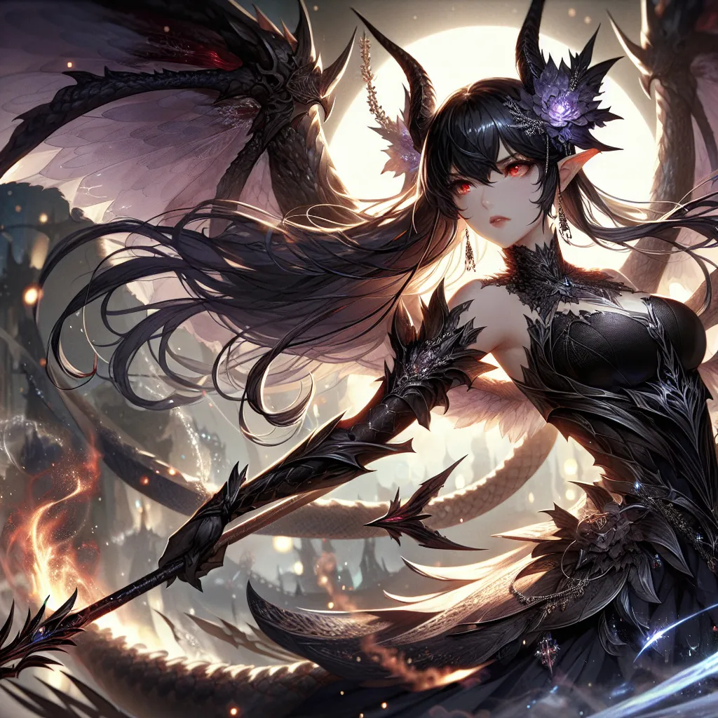 Prompt: Gorgeous ultra-muscular 25 years old goddess, Ultra detailed illustration painting of a luminous, gorgeous, angry, and enchanting humanoid dragongirl with dark hair wielding a mystical spear in battle. She is fit, toned, lean, and very muscular, large dragons wings, and a long tail. Her feet have on 8 inch stiletto high heel boots and her skin has slight scaly aspect to it. She is shouting in rage, the back of her mouth lit with an ambient fiery glow. Glowing red eyes, and wisps of smoke rise from her nostrils. Dynamic pose, anime-style female armor, realm enviroment, close mid shot, rule of thirds depth of field intricate details, concept art, subtle colors, fantastical realm, extremely detailed, ultra sharp focus, light particles, attention to detail, grandeur and awe, cinematic, stunning visual masterpiece, double exposure, 8k, photorealistic, strong outlines, cinematographic scene,