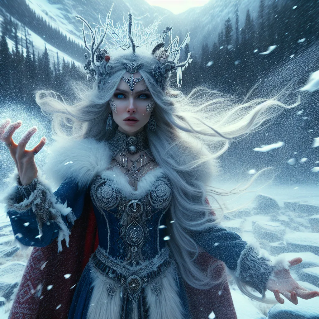 Prompt: High-resolution, cinematic-style photograph featuring a gorgeous Nordic Ice goddess, standing in the frozen wilderness conjuring up a snow storm.