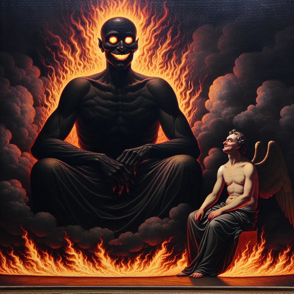 Prompt: Big black shape with eyes of fire
Telling people their desire
Satan's sitting there, he's smiling
Watches those flames get higher and higher
Oh no, no, please god help me