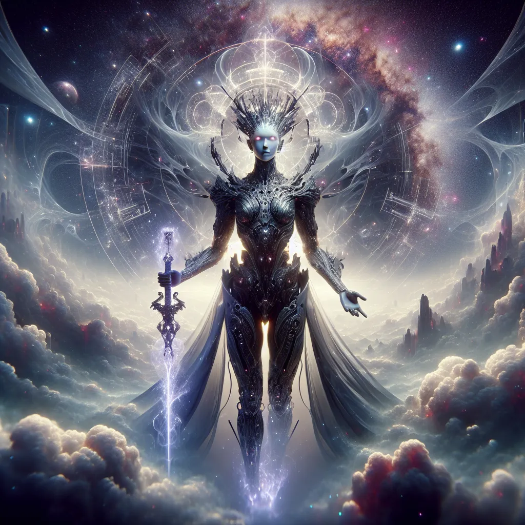 Prompt: splash art, hyper detailed, hyper realistic, highly detailed, dark, surreal heavy mist, floating at the edge of the world, With the Milkyway galaxy in the background,

Focused on a computer generated hologram of a beautiful, ultra realistic, ultra muscular, 25-year-old female goddess, bodybuilder, Time Guardian Goddess, wearing Obsidean Armor,

Gorgeous, highly detailed facial features, long legs, vibrant sumptuous perfect body, ultra pale, visible midriff,

Wielding an electric sword

Perfect studio lighting, perfect shading. HDR, UHD, high res, 64k, cinematic lighting, special effects, hd octane render, professional photograph, trending on artstation, .