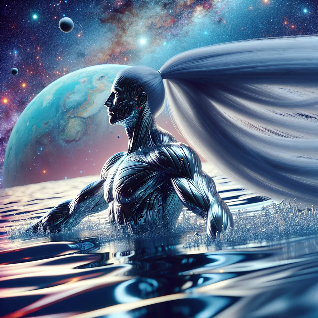 Prompt: A gorgeous ultra-muscular 25-year-old Swedish female with very long straight silver hair swimming in a lake of liquid Mercury in outer space. Vivid colors. Hd imaging.